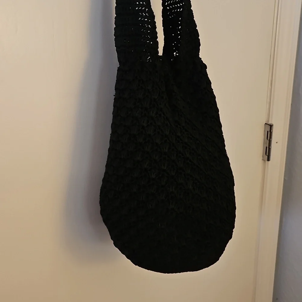 Vintage Black Crochet Drawstring Nap Sack Hobo Festival Bag with Coin Pouch